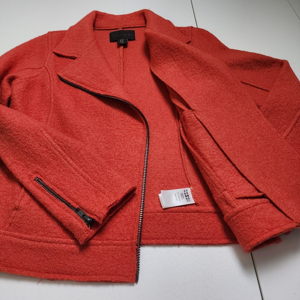 Tahari Womens Boiled Wool Moto Style Jacket Size XS Orange Asymmetrical Zip - Picture 11 of 13